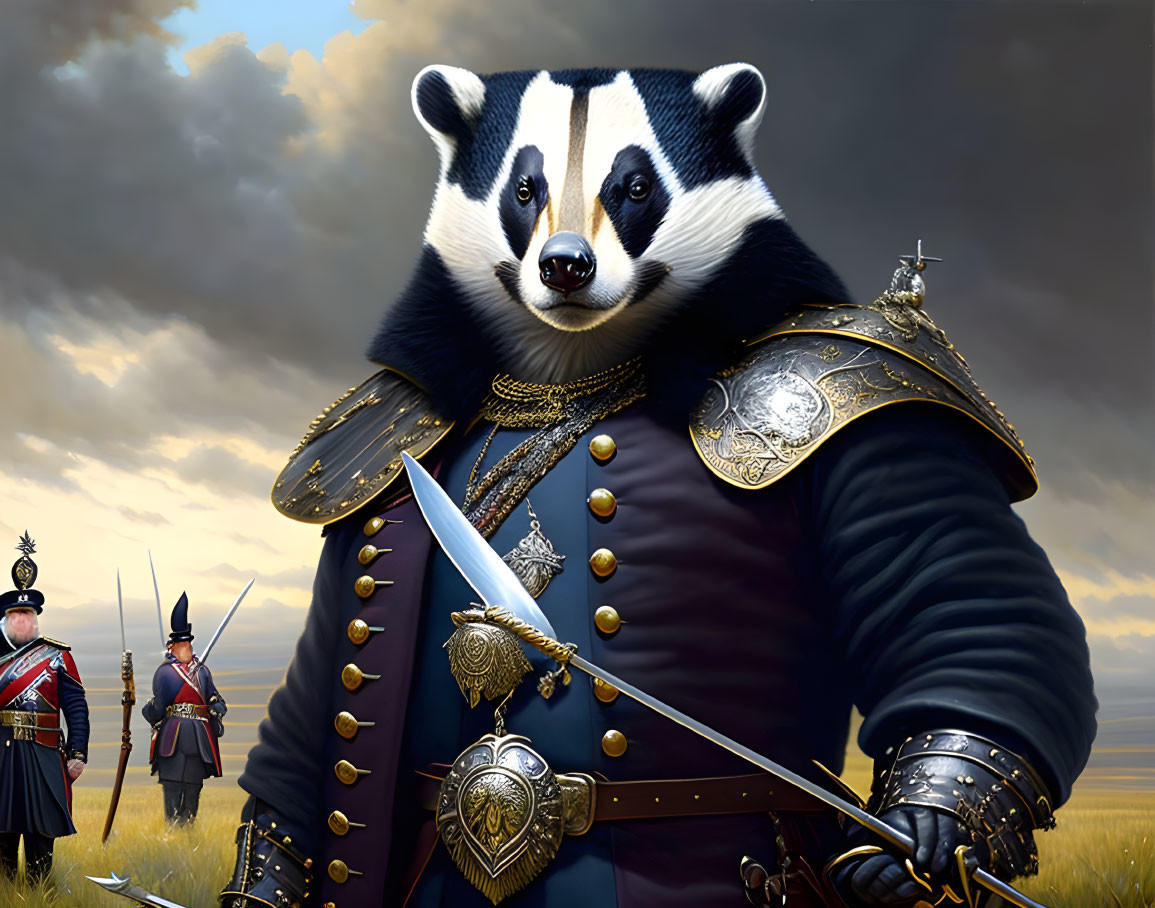 Badger in military attire with sword, soldiers under dramatic sky