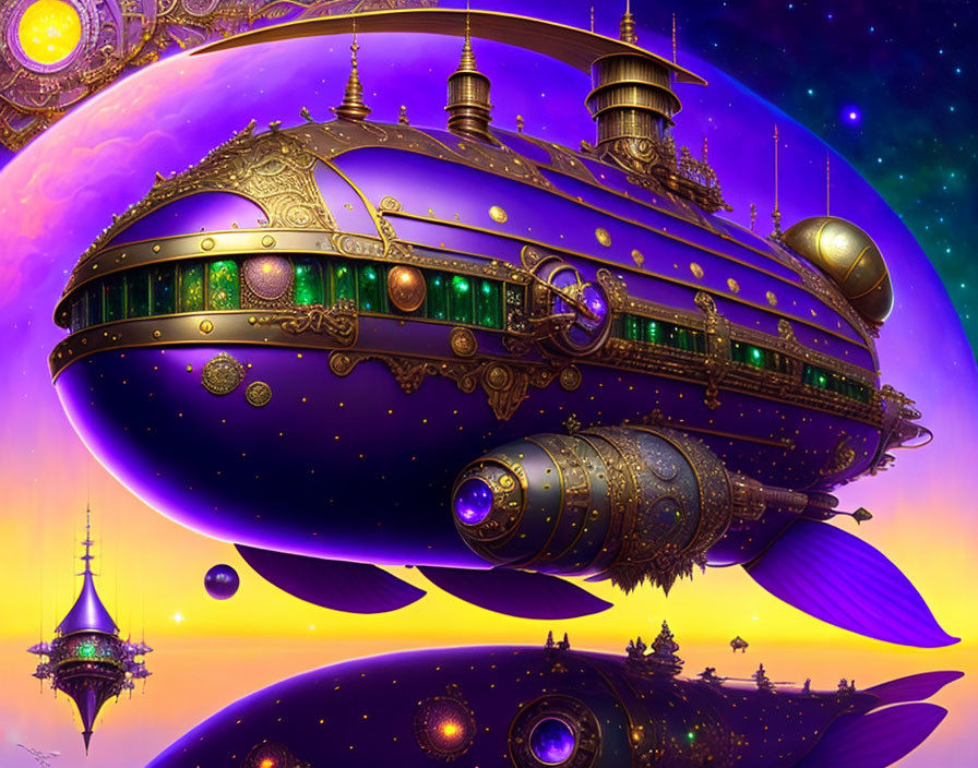 Steampunk-style airship in golden and purple hues in fantastical sky.