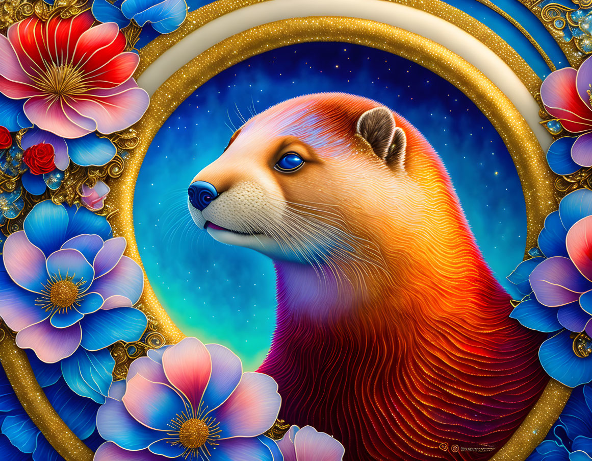 Vibrant red and orange meerkat in cosmic blue setting with blue flowers in golden frame