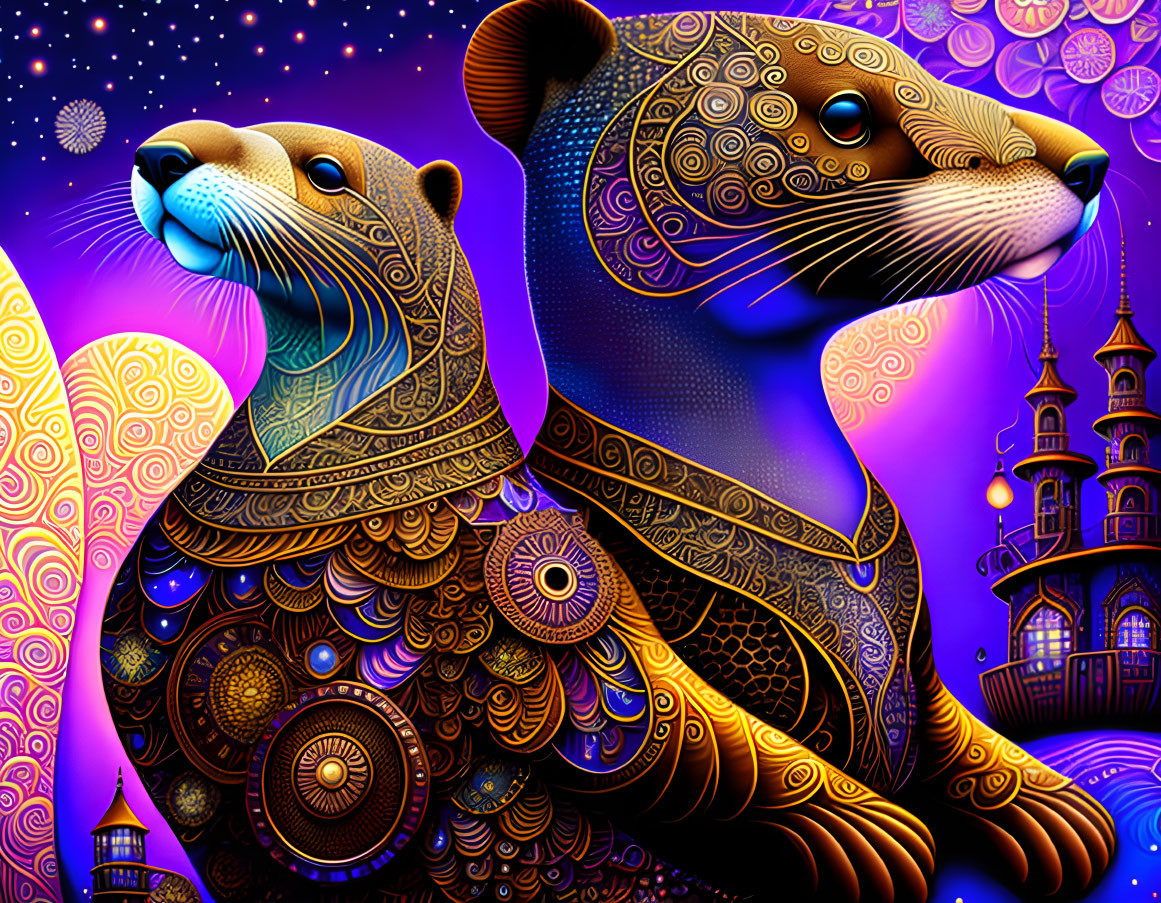 Colorful digital artwork: ornate bears in cosmic scene