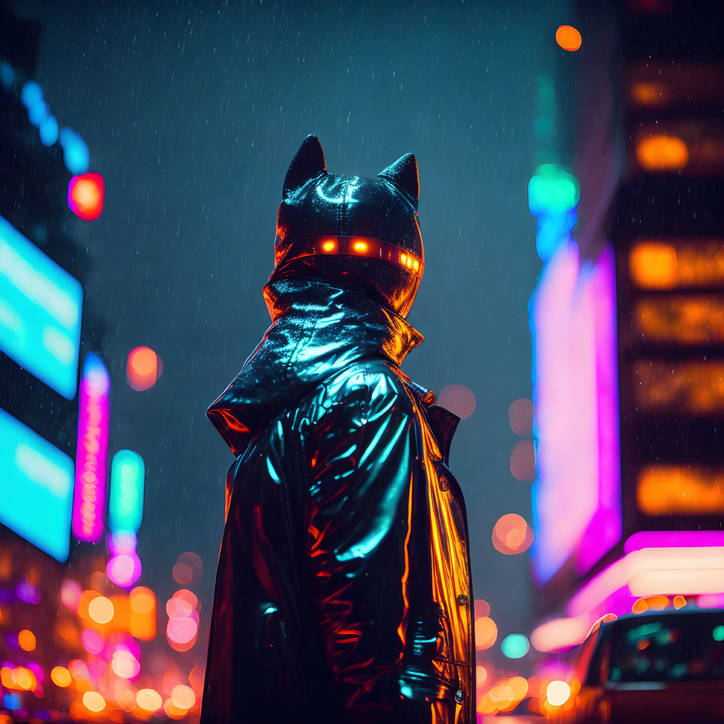 Person in Cat Head Mask and Black Jacket in Rainy City Night