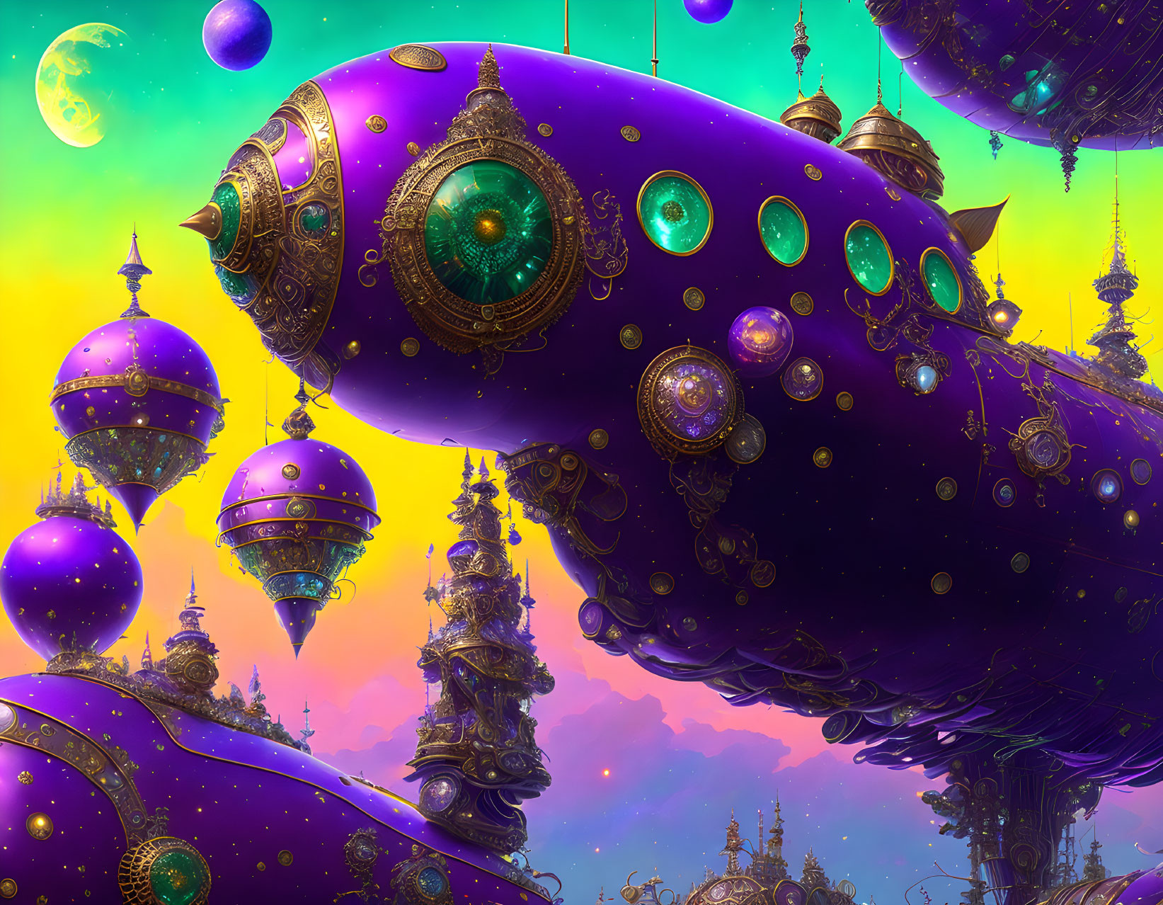 Fantastical landscape with purple airships and colorful architecture