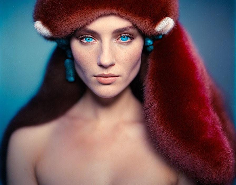 Woman with Blue Eyes in Red Fur Hat against Blue Background