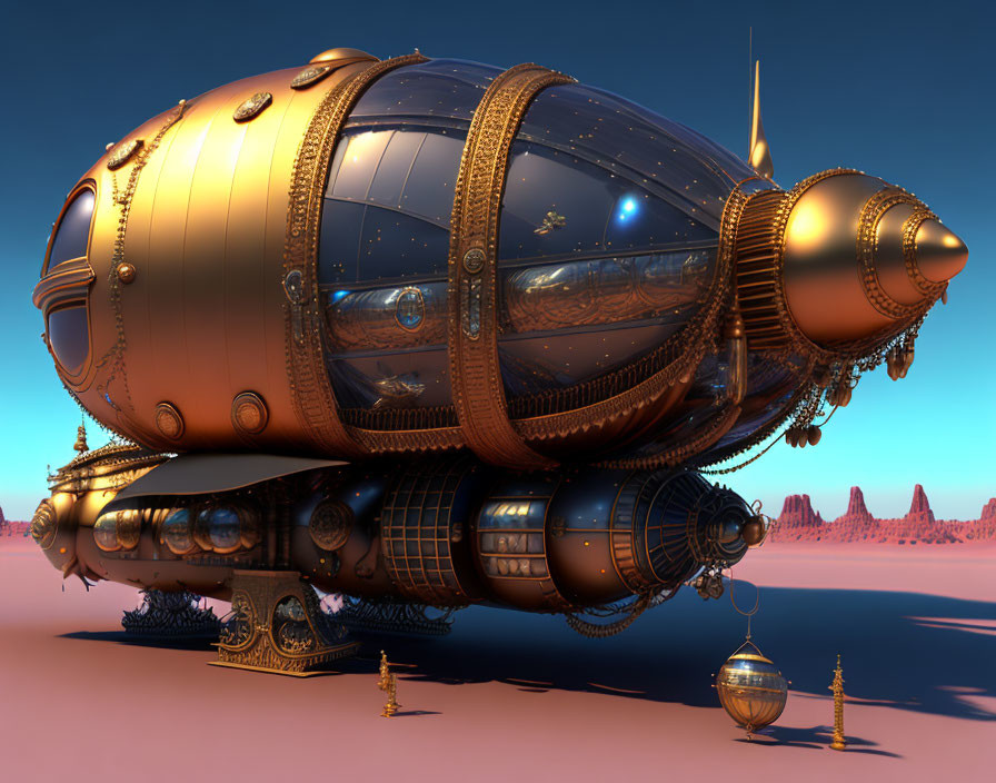 Steampunk-style airship with bronze details over desert landscape