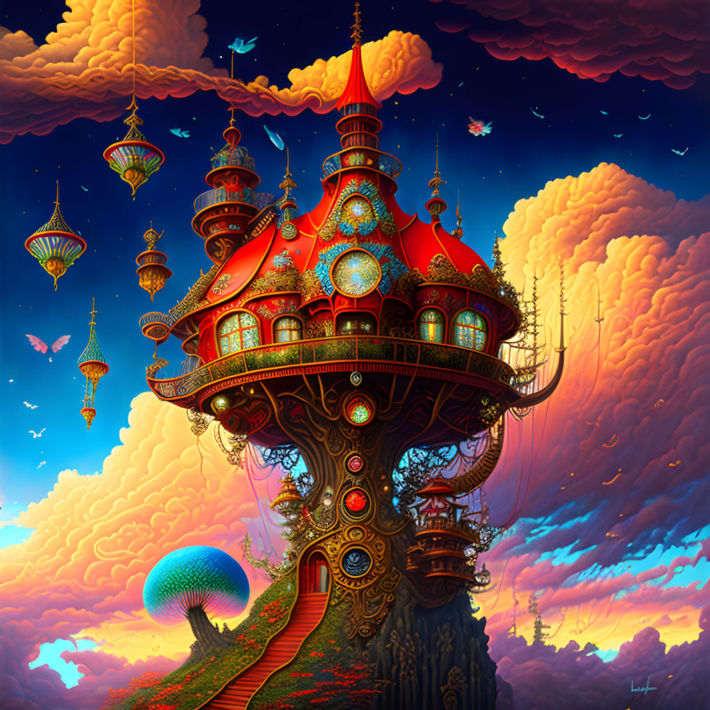 Vibrant sunset sky treehouse with ornate details & floating lanterns