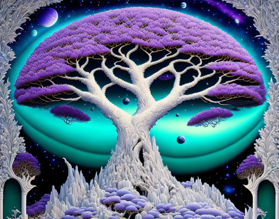 Surreal illustration: Large tree with purple foliage in cosmic setting