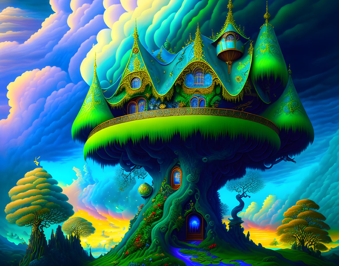 Whimsical treehouse in vibrant fantasy landscape