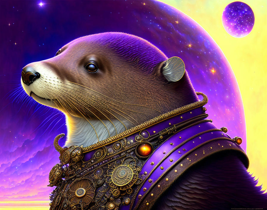 Majestic otter in cosmic armor against vibrant purple backdrop