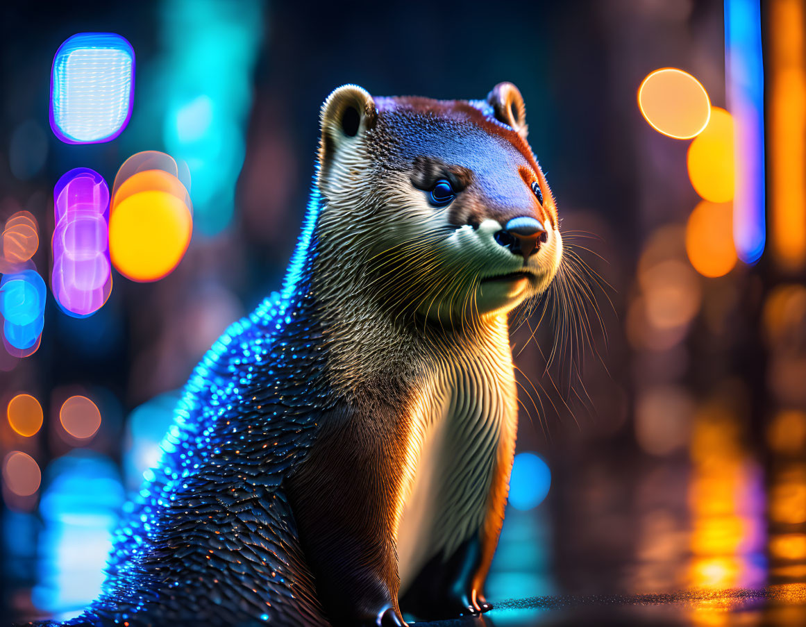 Realistic otter digital artwork with detailed fur on vibrant city light backdrop