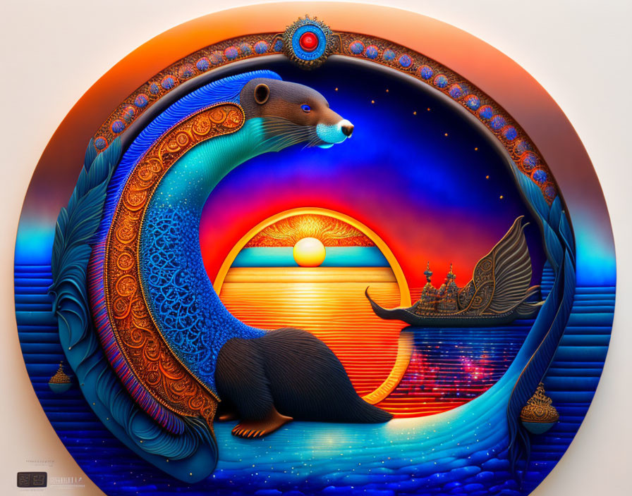 Colorful Otter Artwork with Sunset and Ship Silhouette