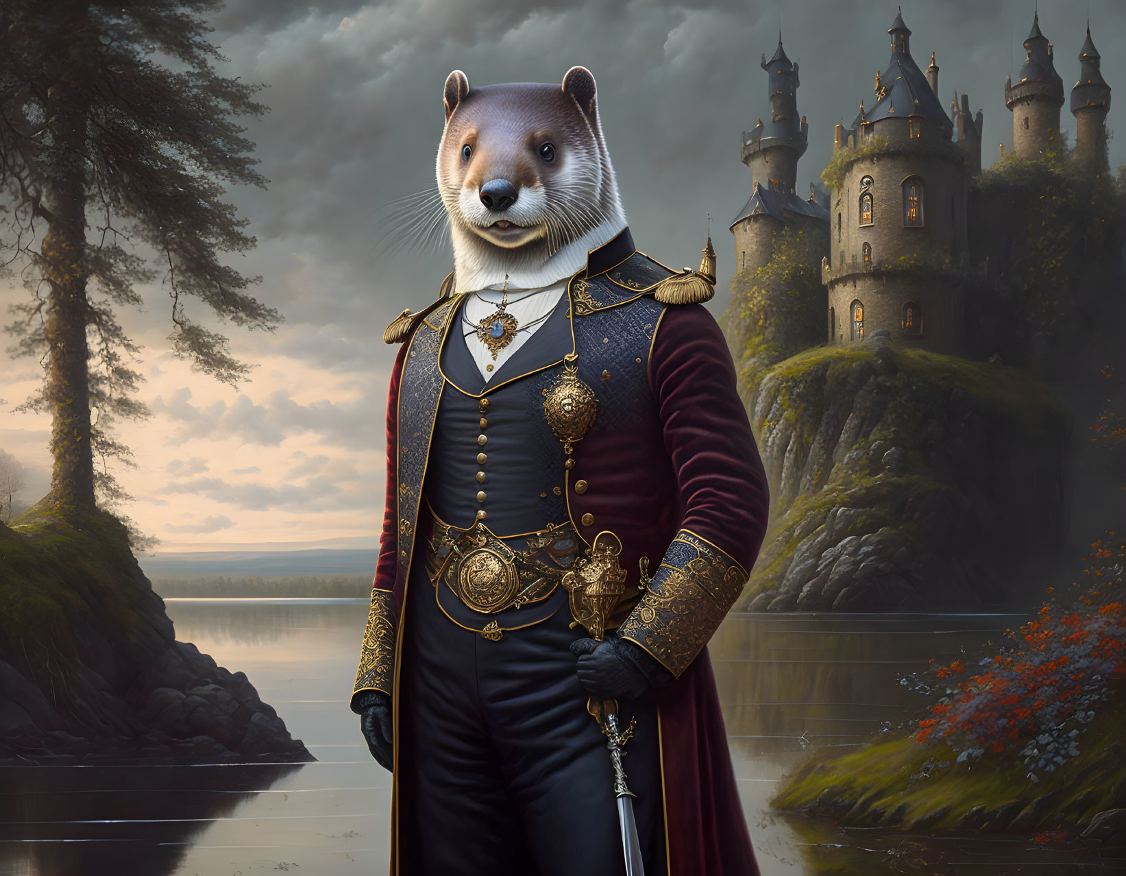 Anthropomorphic otter in regal attire at castle under overcast sky