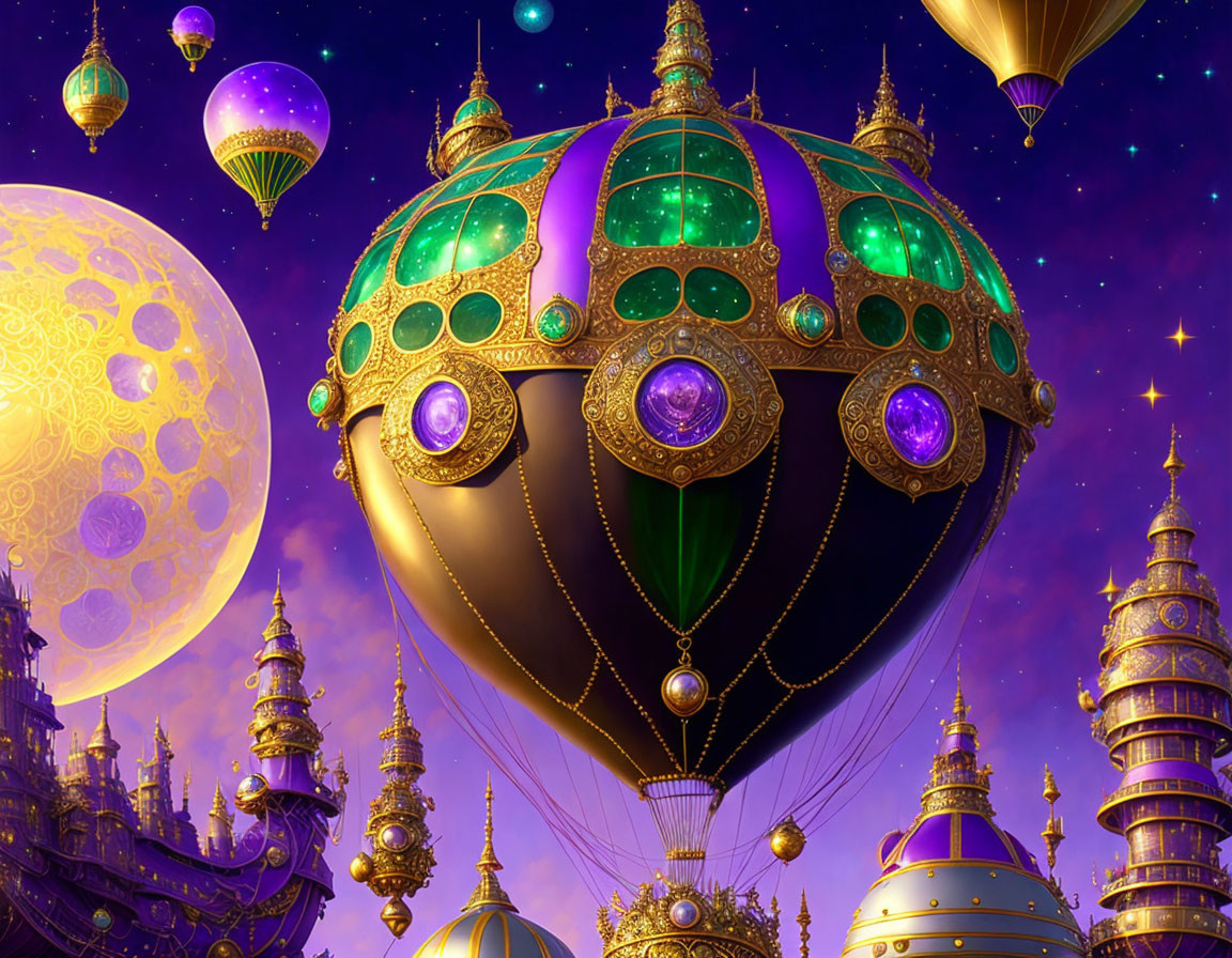 Fantasy airship among balloons in starlit sky with magical towers