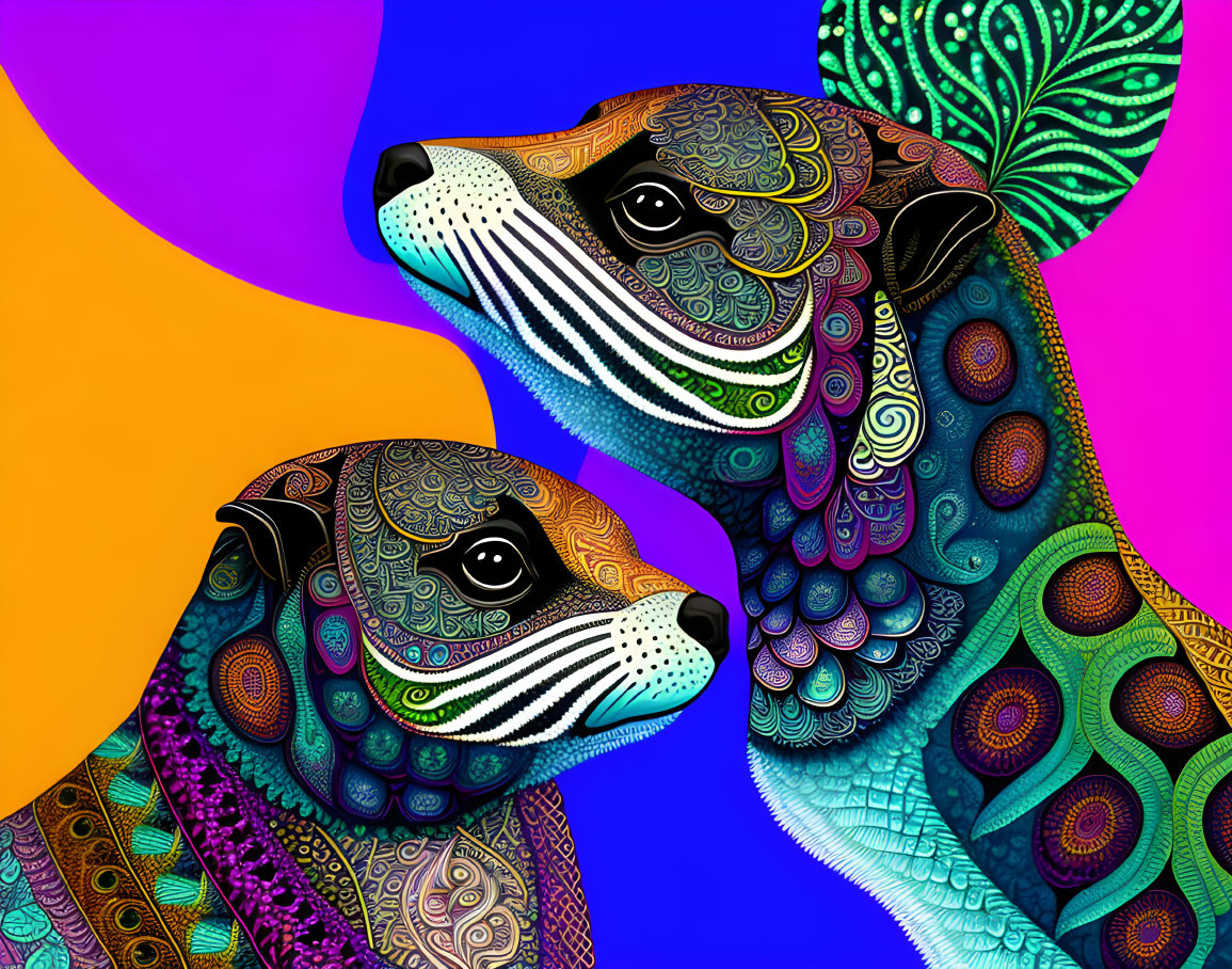 Vibrant illustration of two stylized dogs with intricate patterns on colorful background