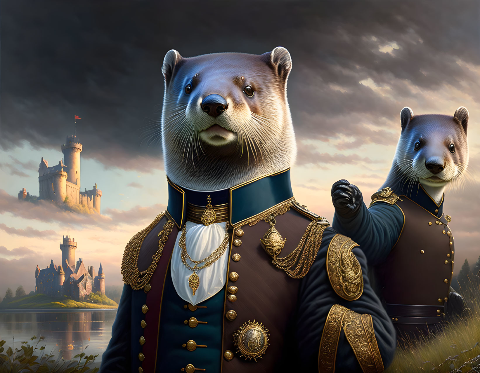 Anthropomorphic Otters in Military Uniforms at Castle Sunset