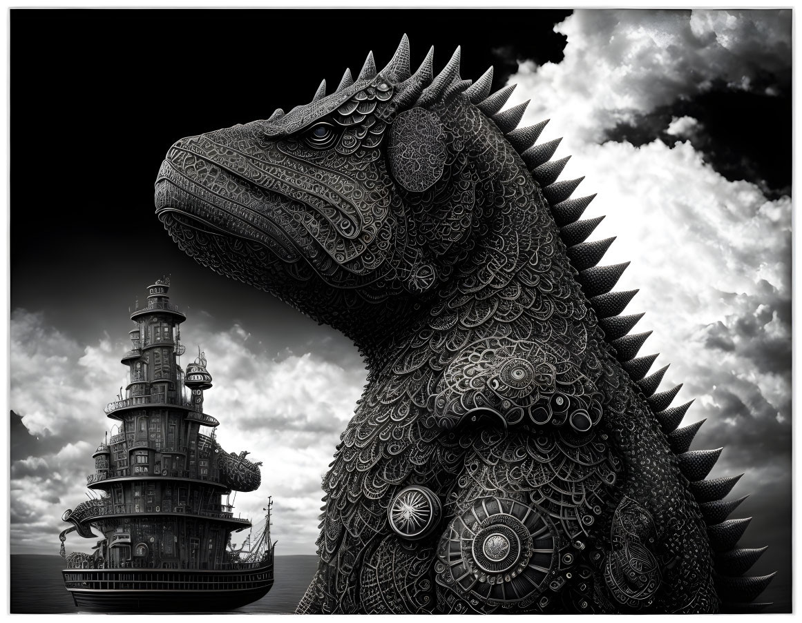 Monochromatic artwork: Mechanical dragon and lighthouse by the sea