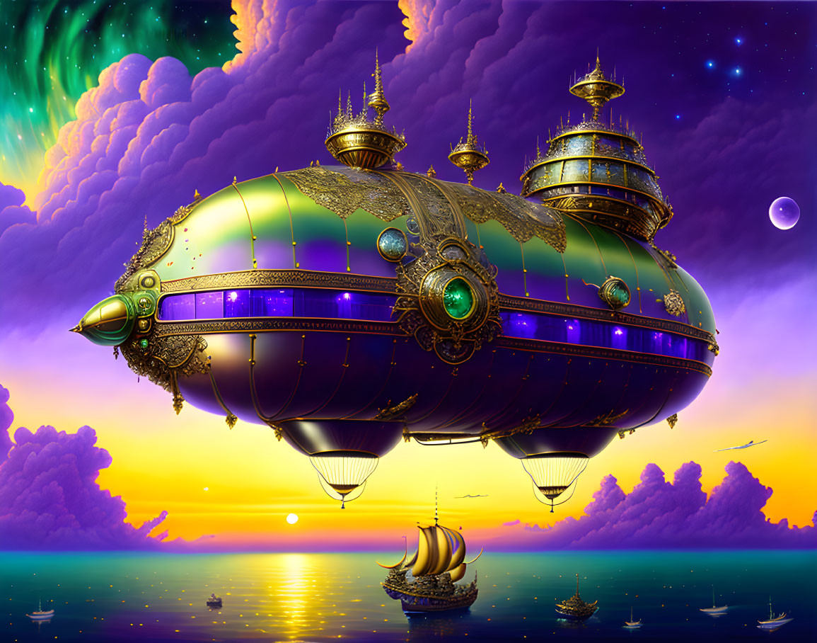 Fantasy steampunk airship over surreal sea at sunset