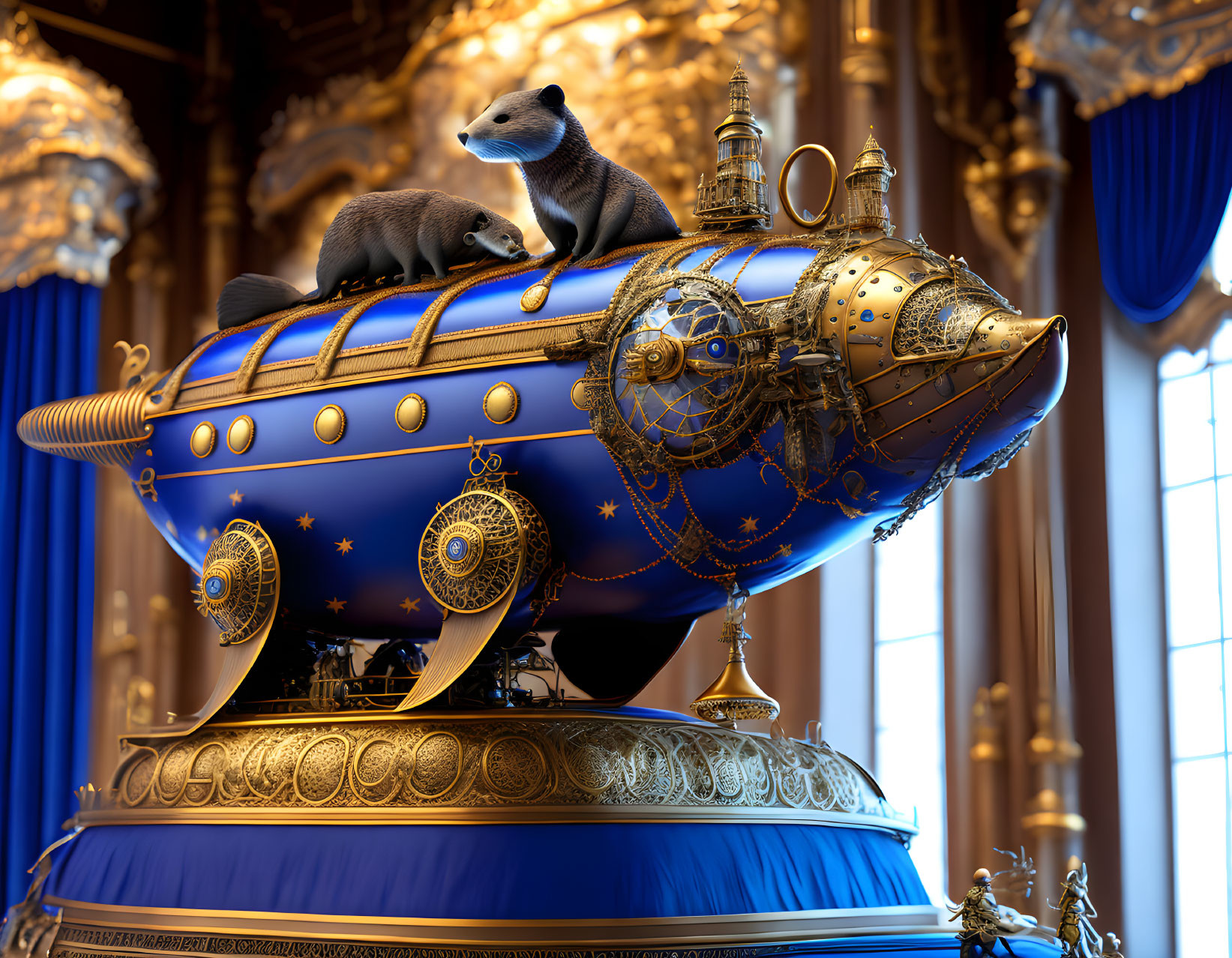 Whimsical 3D rendered submarine with ferret in ornate gold and blue room