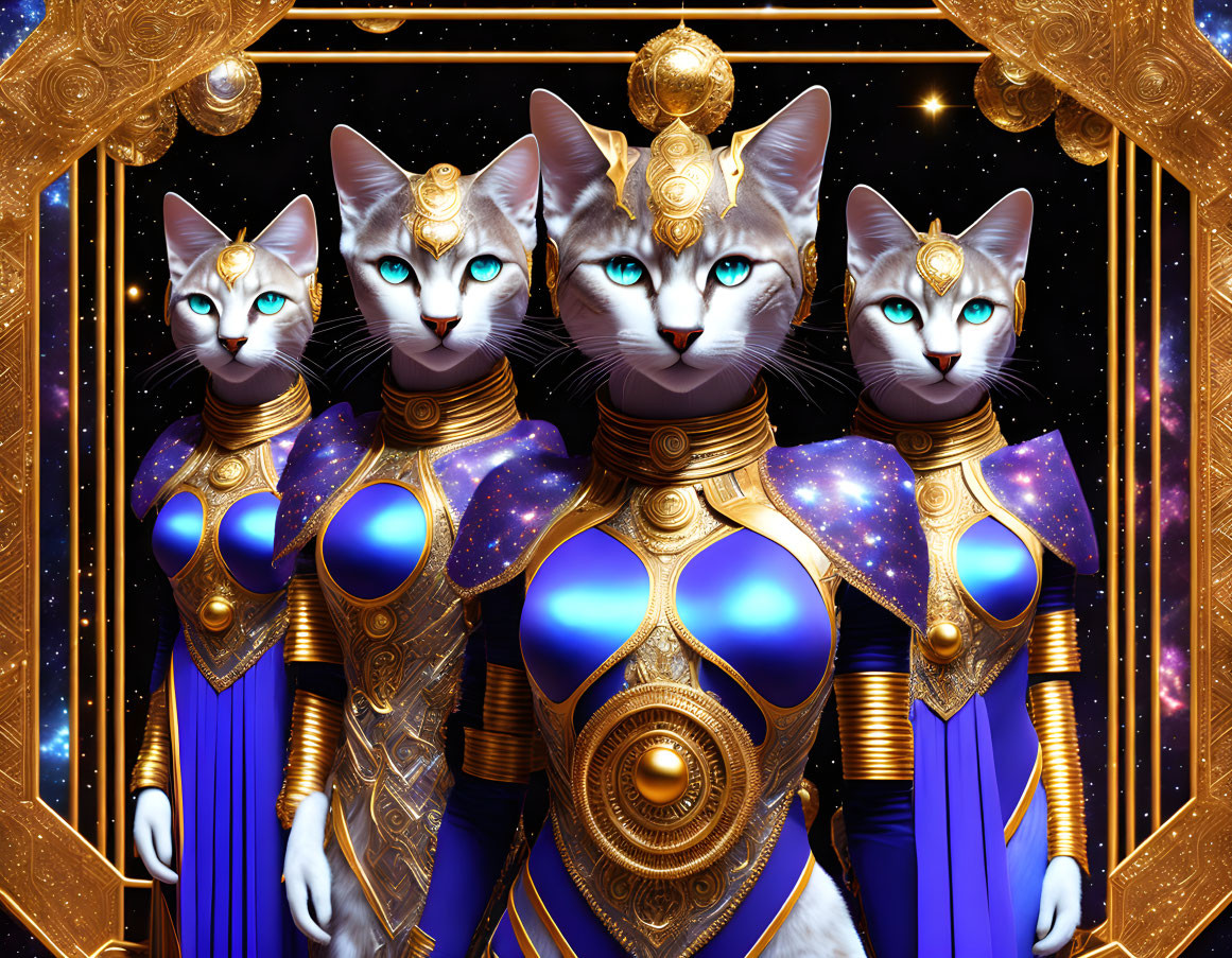 Stylized cats in cosmic armor with gold frame