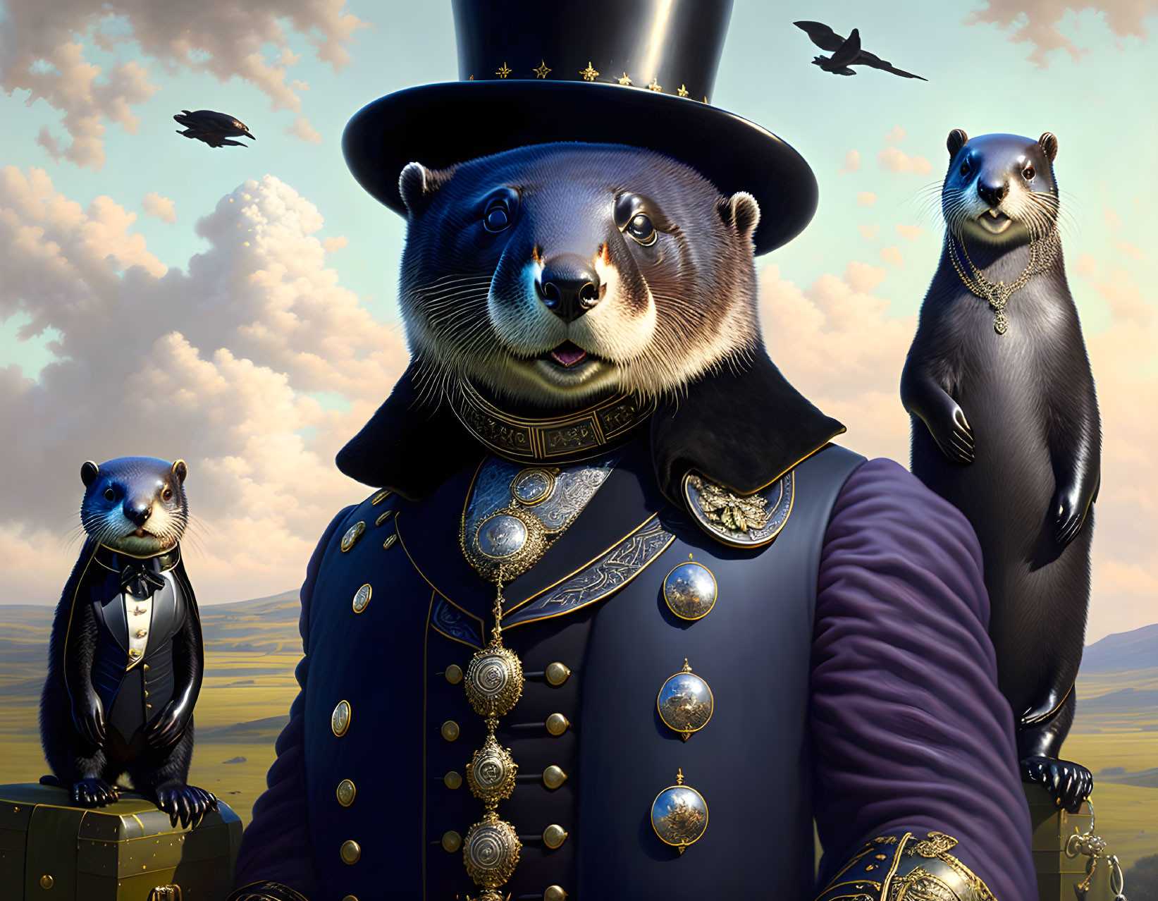 Anthropomorphic otters in military outfits with medals and hat in field.