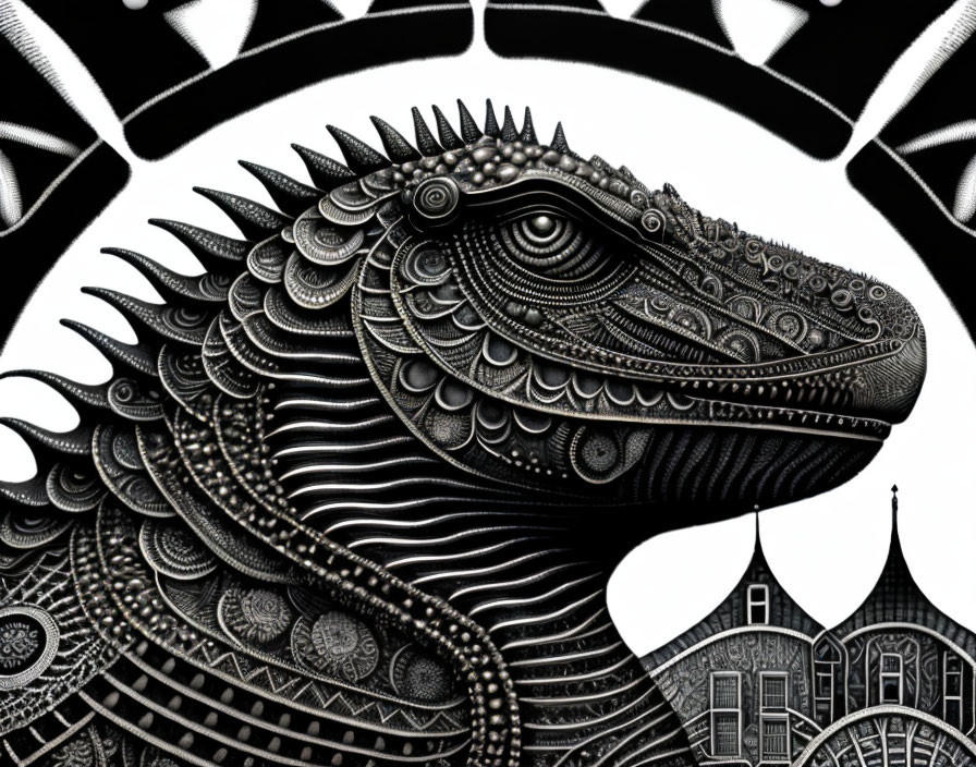 Detailed Monochromatic Lizard Illustration on Ornate Background