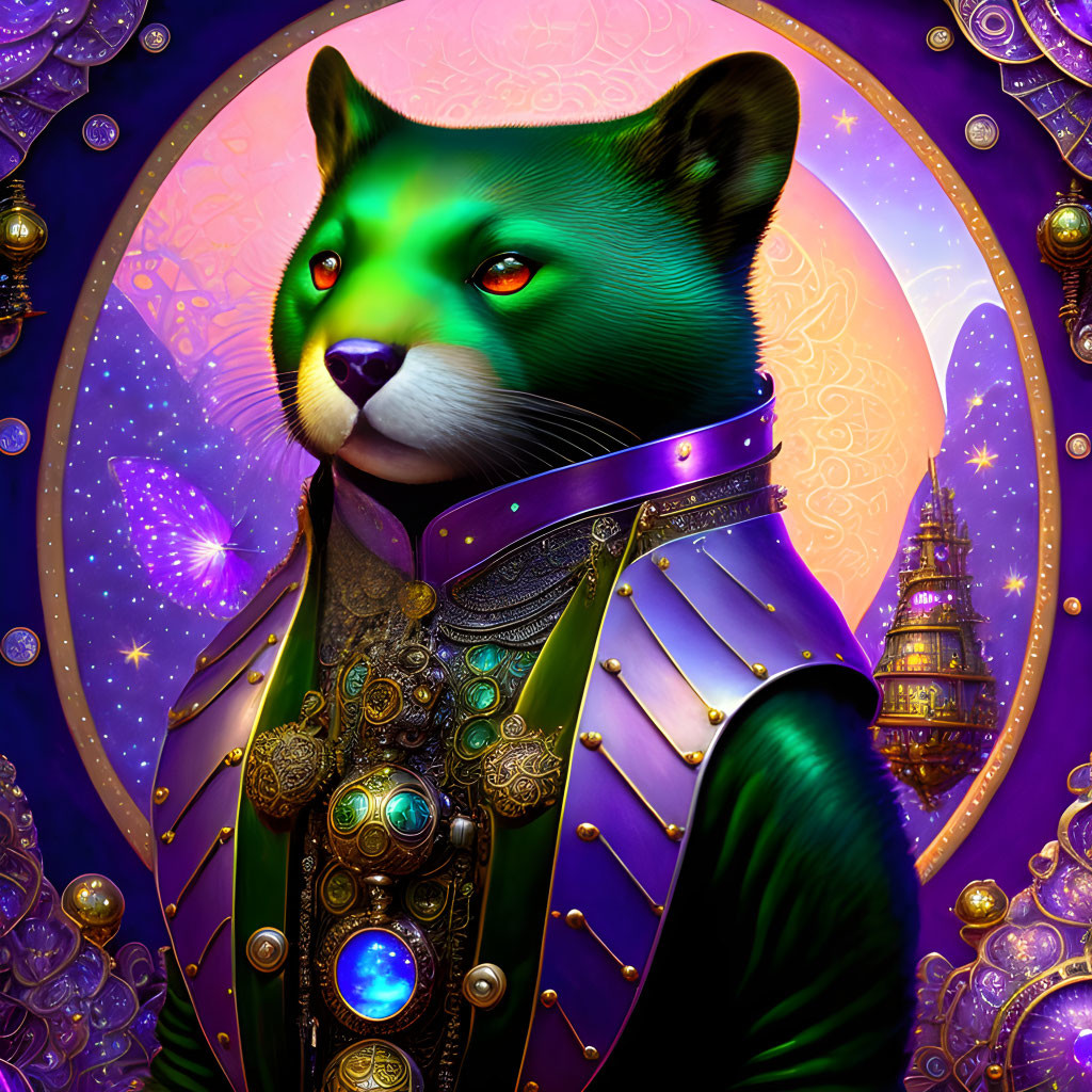 Green-eyed fox in ornate noble attire on cosmic backdrop