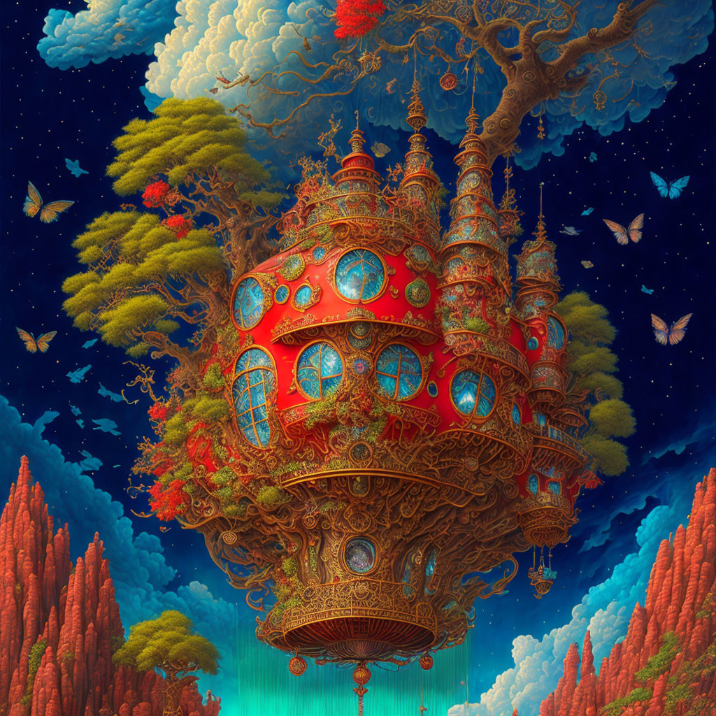 Colorful floating castle with butterflies in sky above red crystal landscape