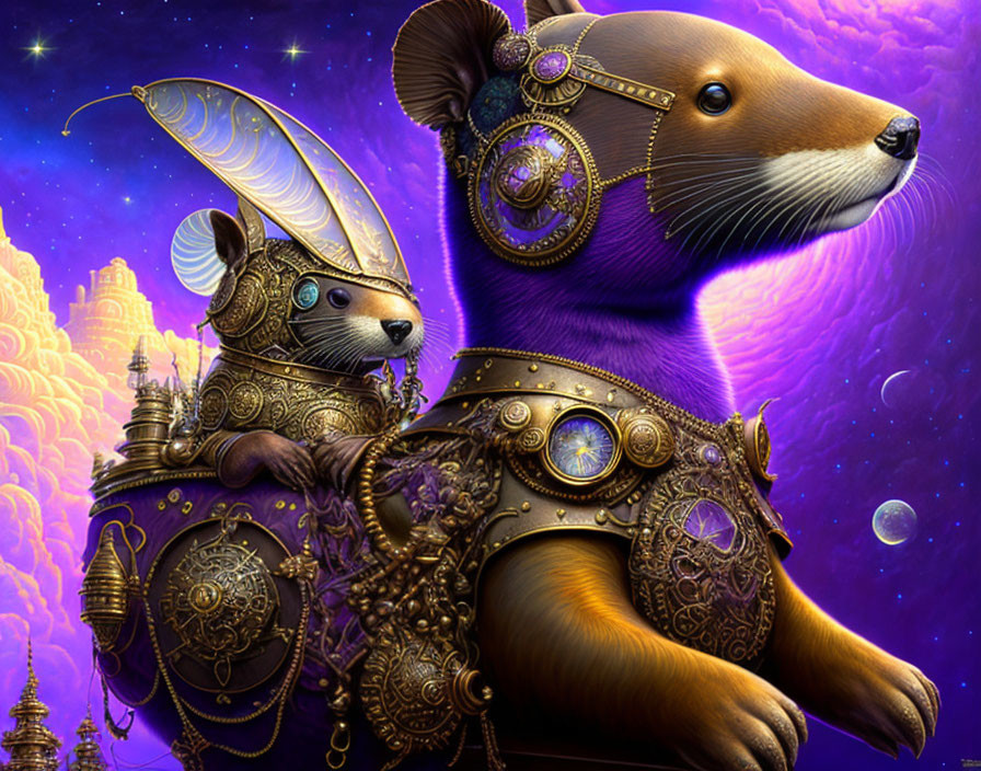 Anthropomorphic dog and mouse in ornate armor against cosmic purple sky