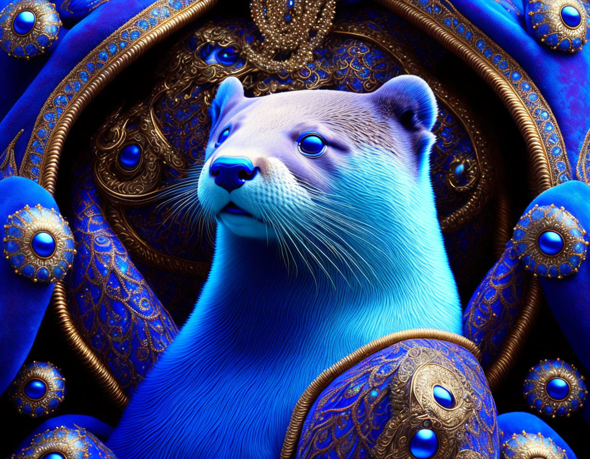 Blue mystical weasel surrounded by golden mandala patterns