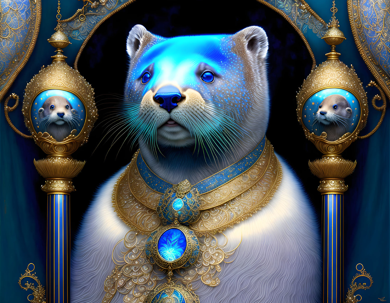 Regal blue bear digital artwork with golden armor and ornate jewels