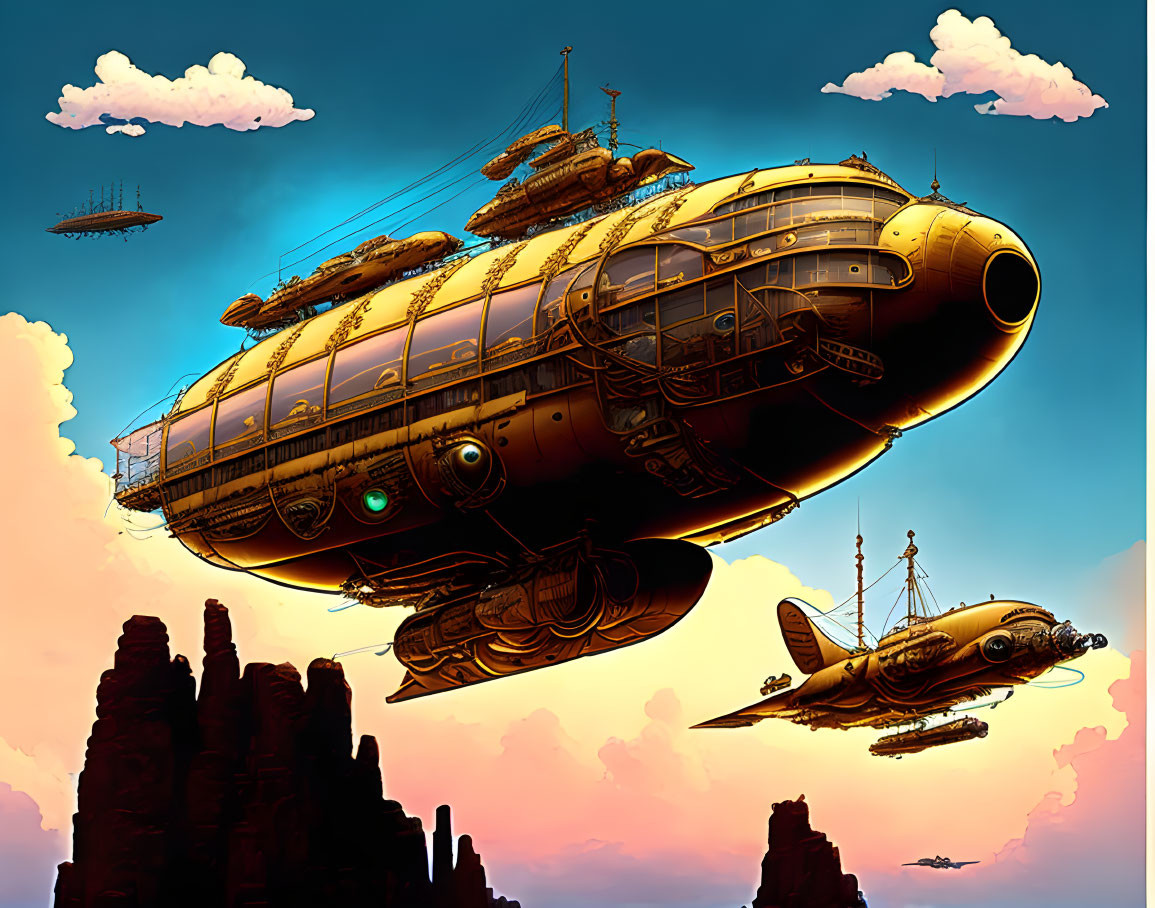 Intricate futuristic airships above rocky terrain at twilight