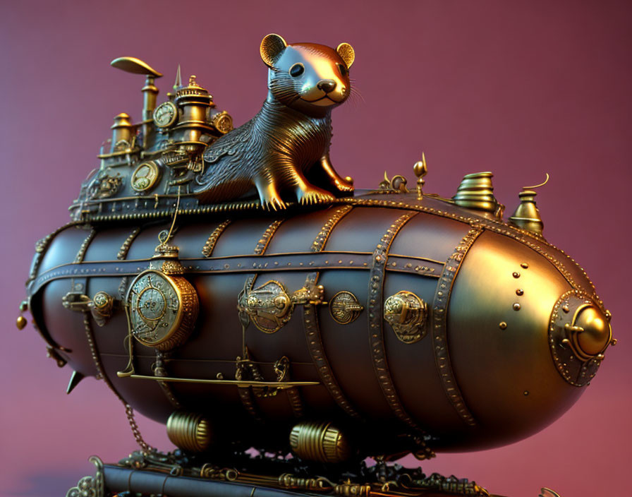 Steampunk-style submarine with ferret on pink background