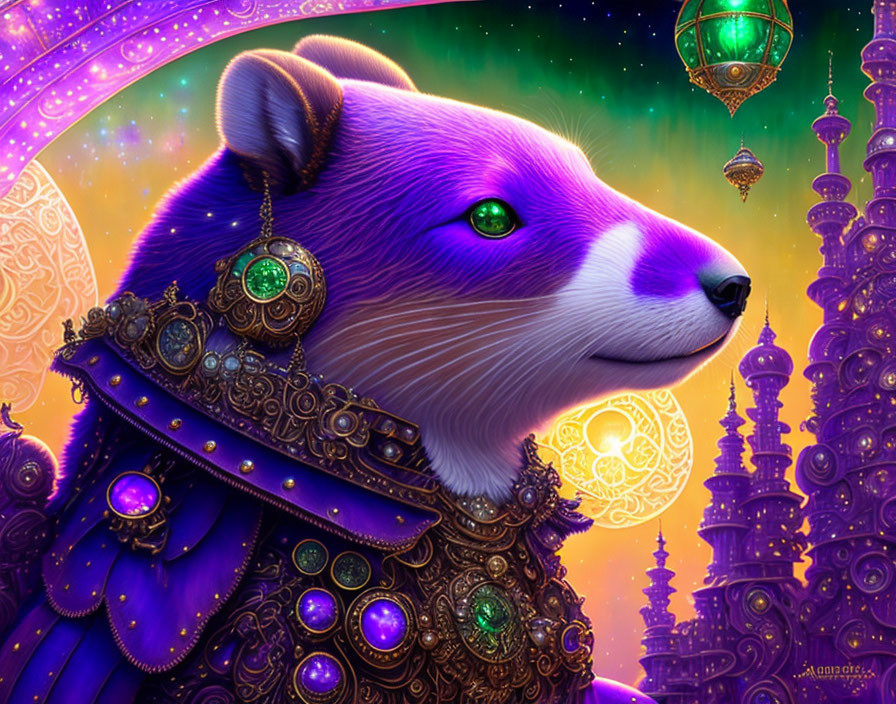 Colorful anthropomorphic badger in ornate armor against fantasy cityscape.