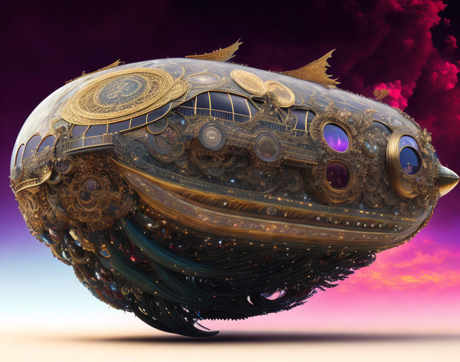 Steampunk airship with intricate metalwork floating in vibrant sky