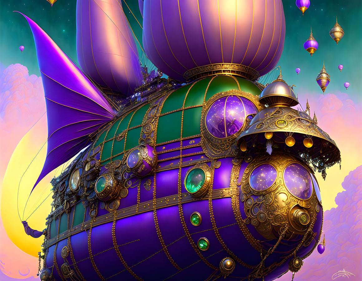 Vibrant purple and gold airship with gem adornments in whimsical sky