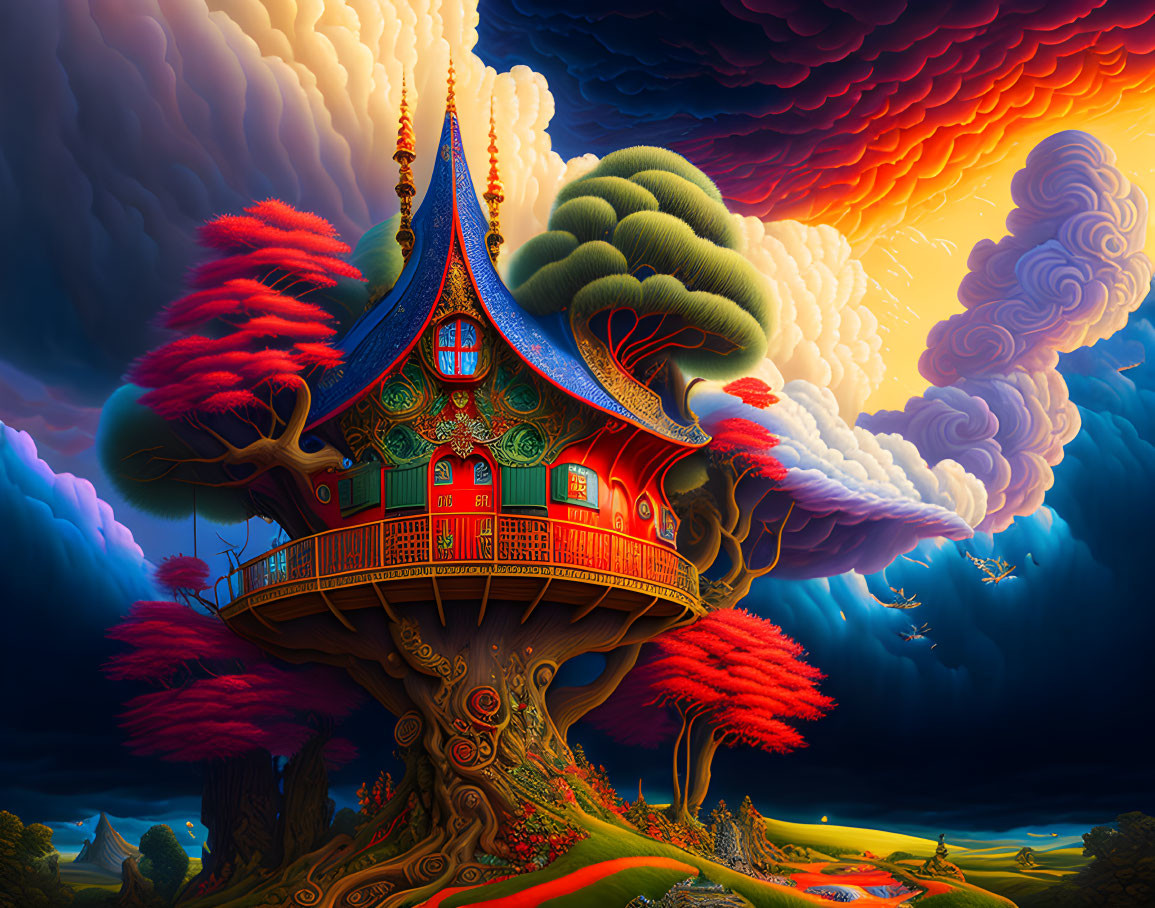 Colorful whimsical treehouse in red foliage with intricate designs and multicolored sky