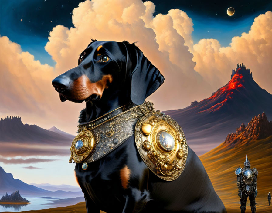 Black Doberman in Golden Armor with Knight and Volcano Landscape