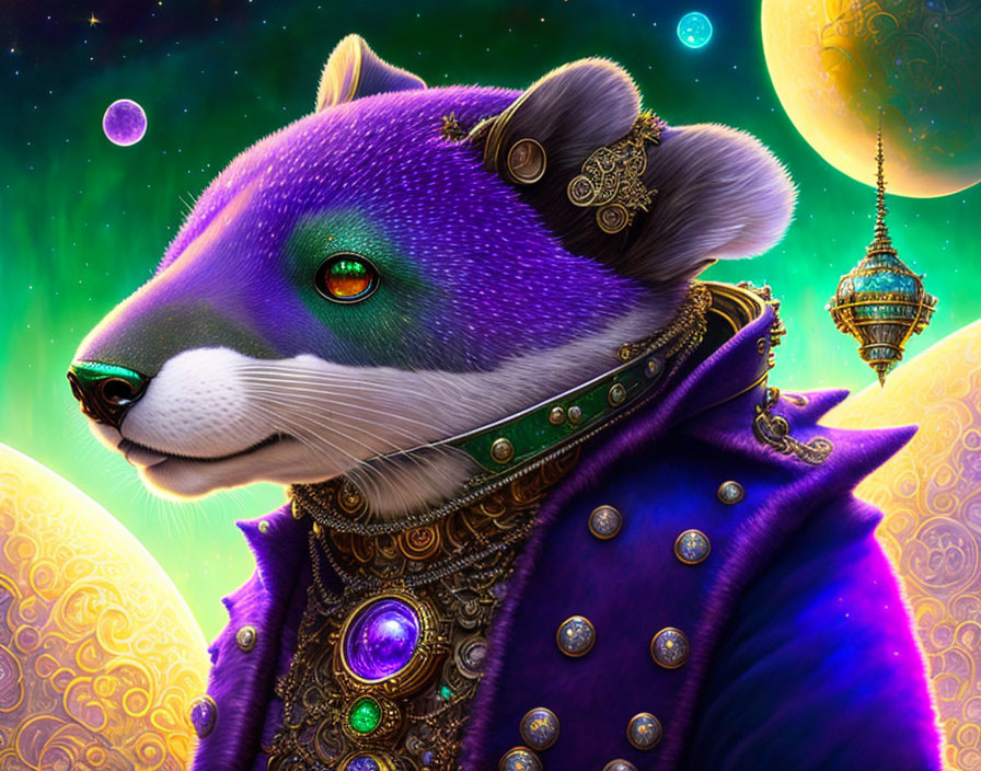 Purple anthropomorphic fox in royal attire on celestial background