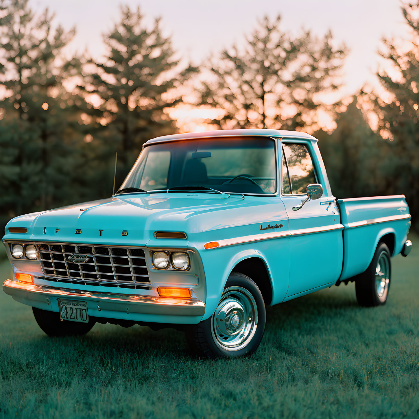 Vintage Light Blue and White Ford Pickup Truck at Golden Hour