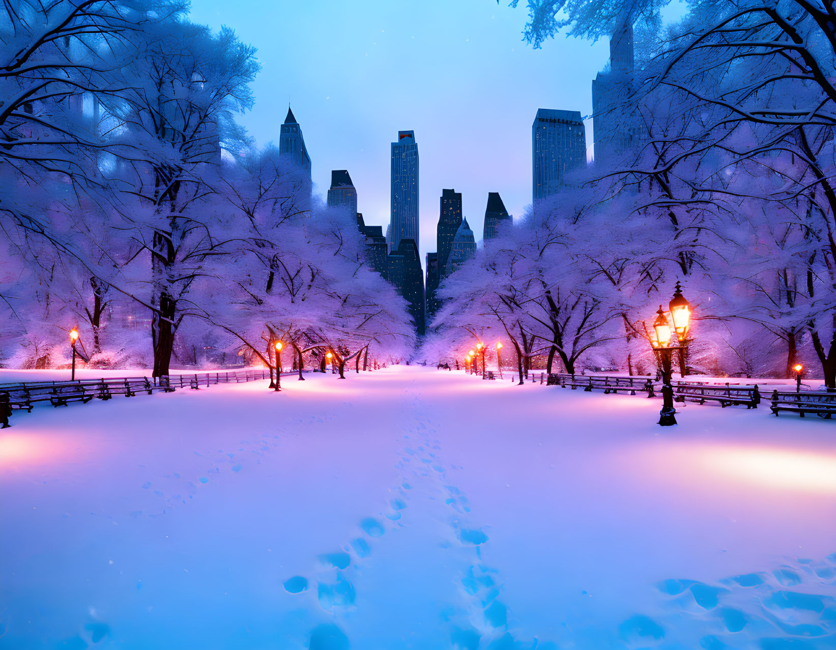 Winter park path with footprints, street lamps, trees, and city skyline at twilight