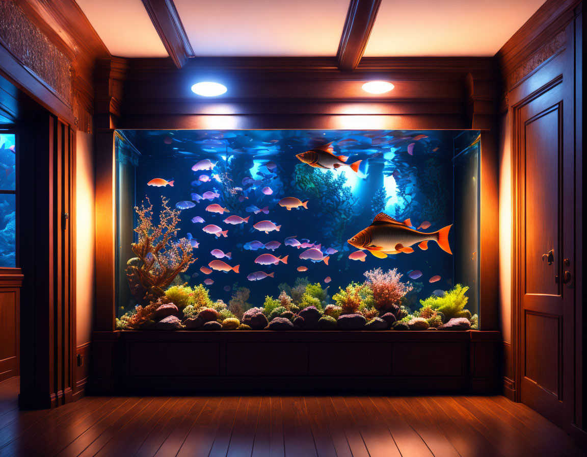 Vibrant home aquarium set in illuminated wall - focal point in dark wood-paneled room