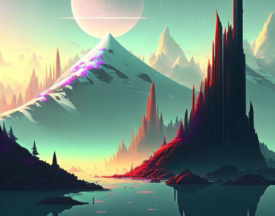 Alien landscape with spires, reflective lake, pastel skies, and two moons.