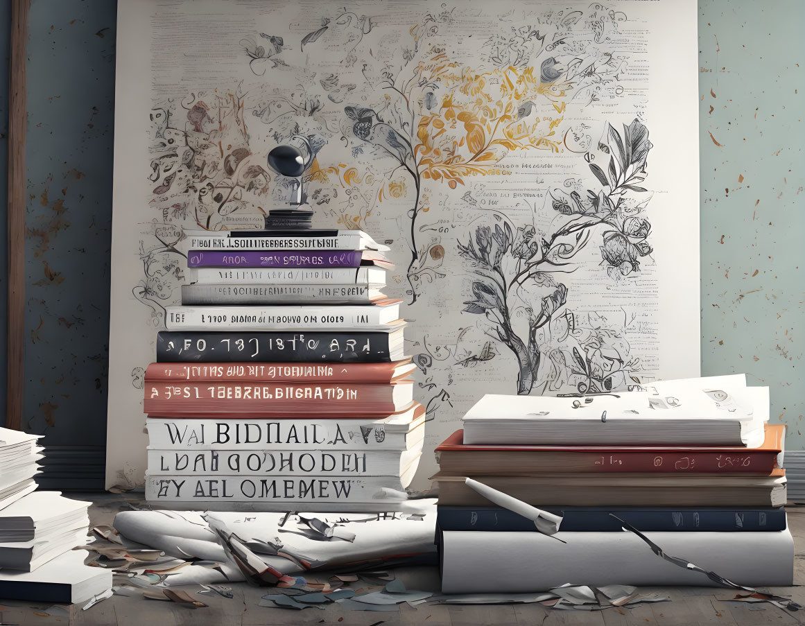 Stack of Books Next to Floral and Animal Wallpaper with Fallen Ink Bottle and Feather Quill