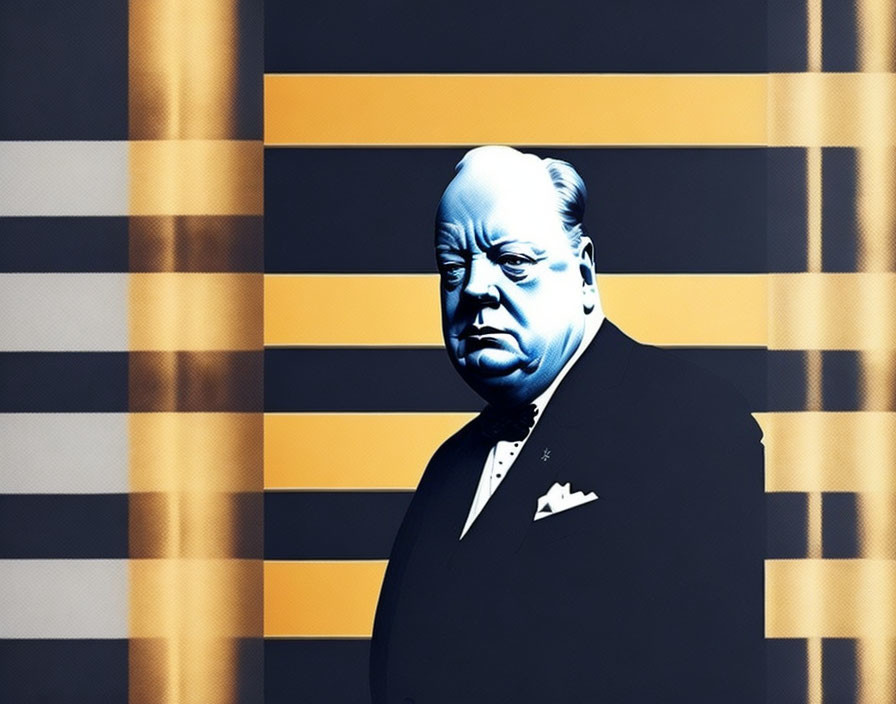 Stern man in suit with bow tie on striped yellow and black backdrop