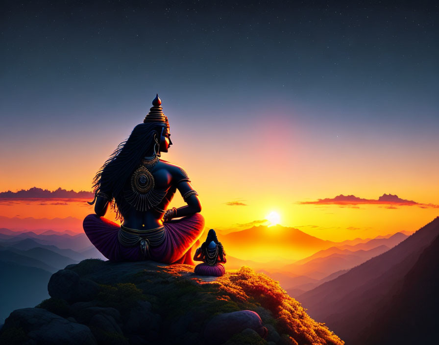 Lord Shiva meditating on mountain at sunset with starry sky