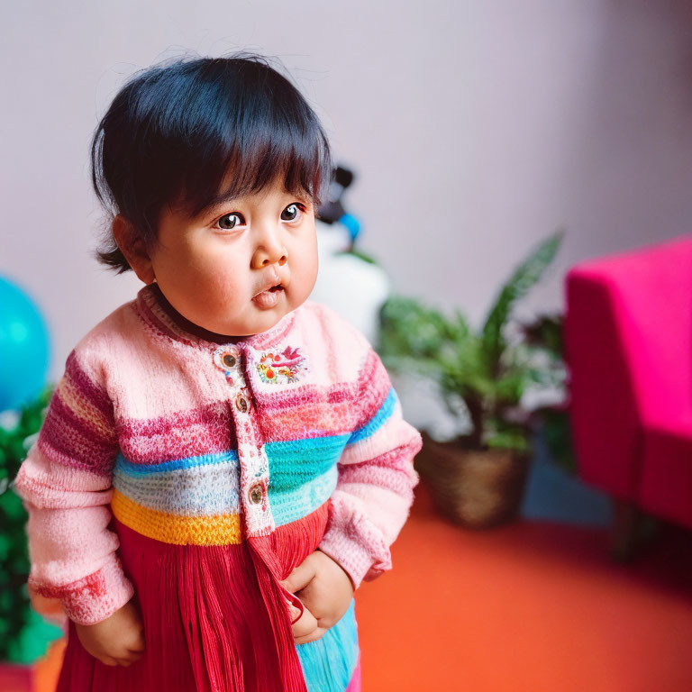 Surprised toddler in colorful sweater with balloons and plants.