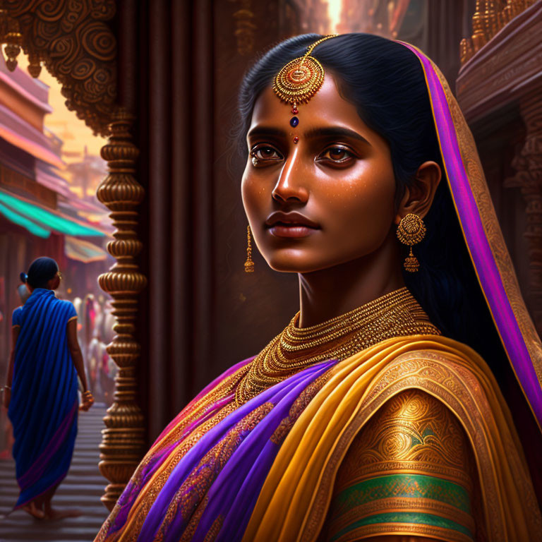 Digital art of Indian woman in traditional attire with gold jewelry at ornate temple.