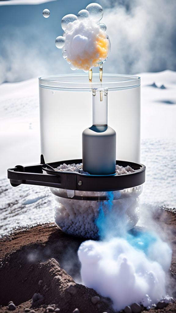 Bubbling liquid nitrogen apparatus in snowy setting