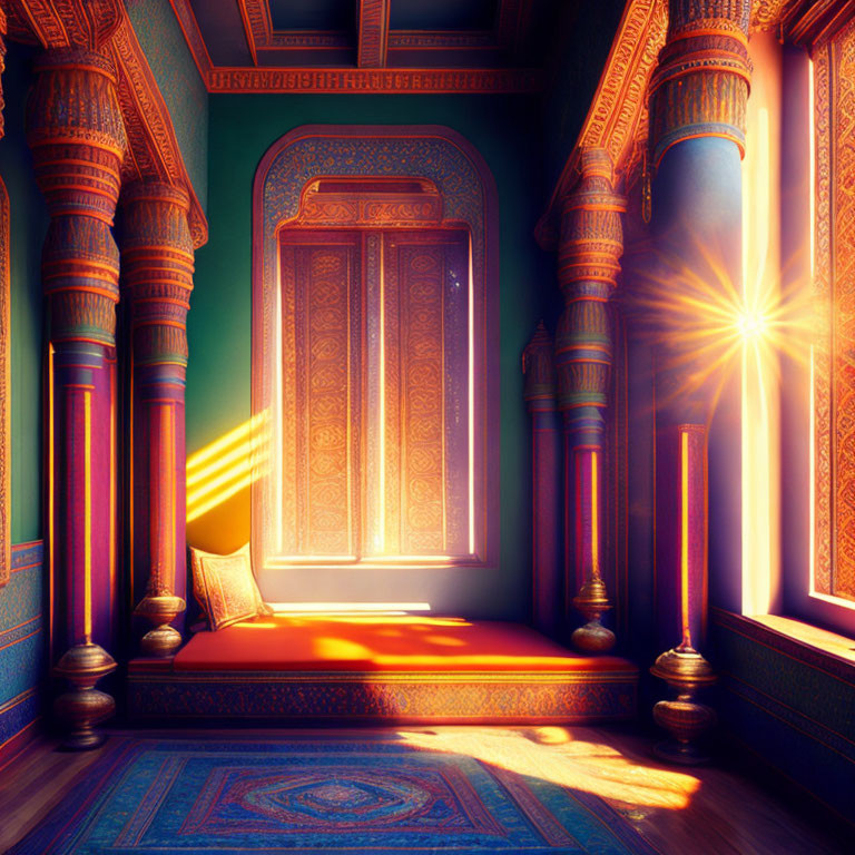 Sunlight illuminates opulent, Eastern-inspired room.