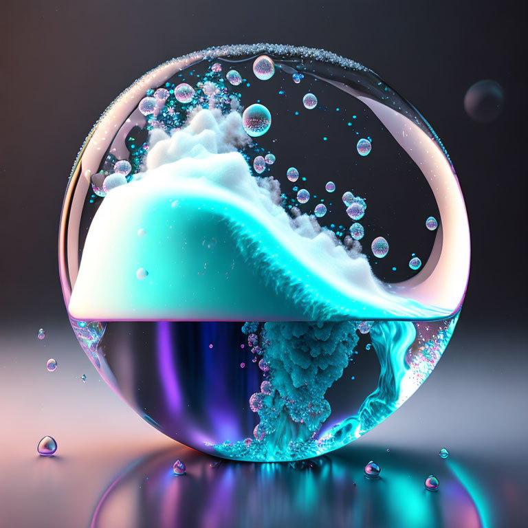 Abstract 3D render of sphere with fluid mix and bubbles on reflective surface