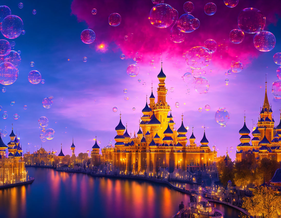 Colorful spired castle at twilight with floating bubbles over serene river